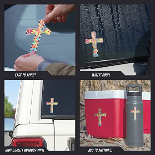 Decalcomania Retro Flower Cross Decals - Set of 3 Vinyl Stickers for Car or Truck Window- Colorful Religious Cross Sticker - style: Flower Cross