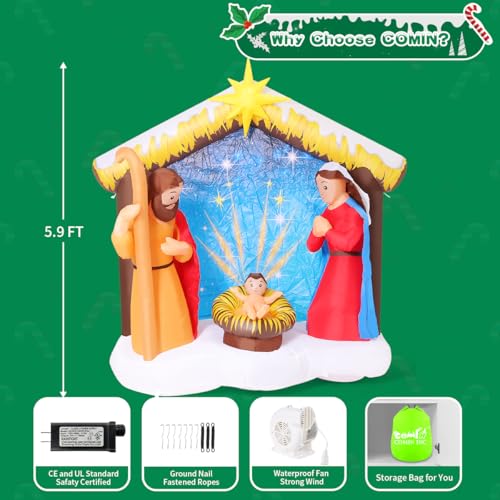 COMIN 6FT Christmas Inflatables Nativity Scene Outdoor Decorations, Christmas Blow Ups Yard Decorations Nativity Sets for Yard Garden Lawn