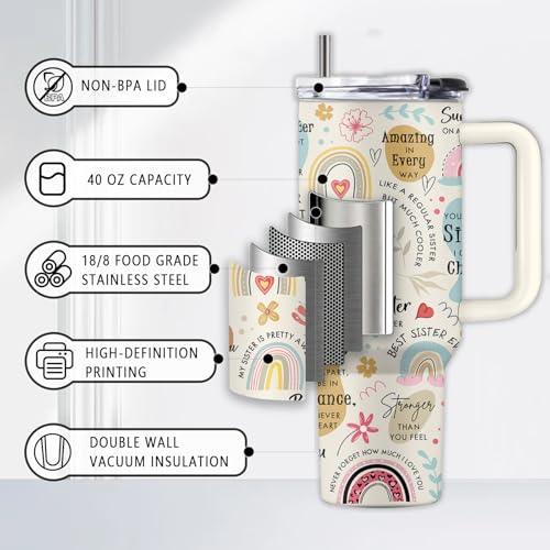 Sister 40oz Tumbler, with Handle Straw, Stainless Steel Coffee Cup - color: Sister
