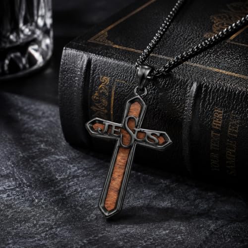 Cross Necklace for Men 925 Sterling Silver Cross Ebony Wooden Ankh Raven Praying Hands Crucifix Amulet Religious Jewelry Gifts for Men Women - color: Cross9