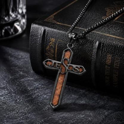 Cross Necklace for Men 925 Sterling Silver Cross Ebony Wooden Ankh Raven Praying Hands Crucifix Amulet Religious Jewelry Gifts for Men Women - color: Cross9