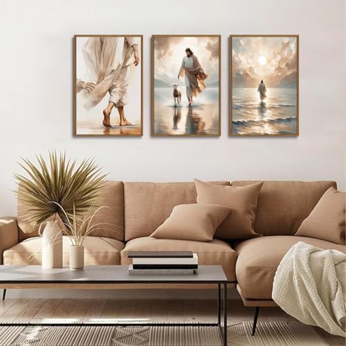 Jesus Walking on Water Framed Wall Art Set of 3 16x24 - color: Jesus-2, size: 16x24in