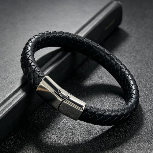 Kim Carrey Italian Handmade Leather Bracelets for Men - color: Black Braid, size: 8.2"