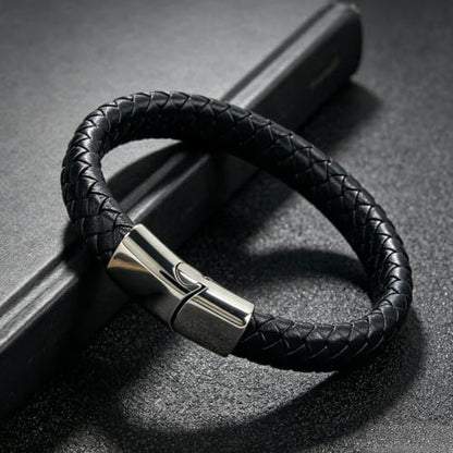 Kim Carrey Italian Handmade Leather Bracelets for Men - color: Black Braid, size: 8.6"