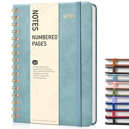 Lined Spiral Journal Notebook, A5 Hardcover Spiral Journals for Women Men, 150 Numbered Pages Spiral Bound Notebook, 100 GSM College Ruled Notebooks for Writing Note Taking 5.75" x 8.38", Misty Blue - color: Misty Blue