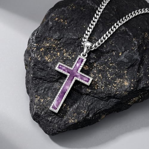 MRENITE Silver Natural Stone Cross Necklace, Classic Latin Cross Pendant Necklace for Unisex Women Man, Vintage Crystal Quartz Cross Necklace with 20+2 Inches Adjustable Cuban Chain - style: Amethyst