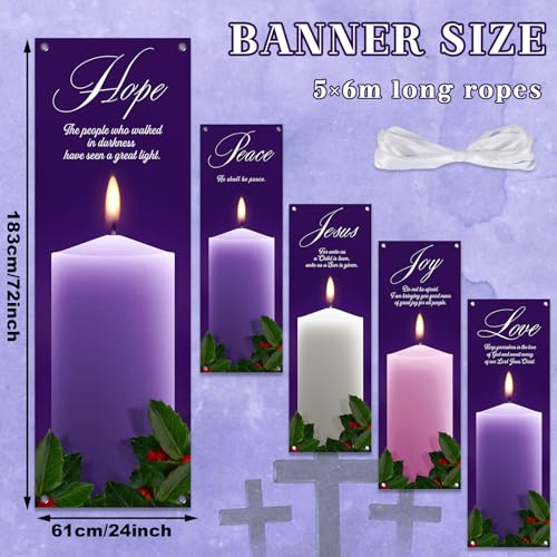 5Pcs 2x6 Ft Religious Church Banner with Scripture Christian Candles Banner for Sanctuary Wall Hope Peace Joy Love Jesus Prayer Flag Welcome Religious Praise Hanging Signs Decor for Holiday Church - size: 2x6Ft