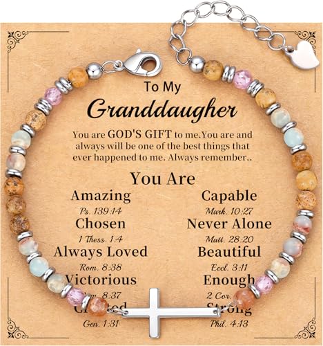 Cross Bracelet for Women, Christian Gifts for Women 2026 Stocking Stuffers for Teens Her Bead Bracelet Adjustable Gemstone Faith Religious Confirmation Communion Bracelet for Best Friend Mom Faith Birthday Anniversary Jewelry - color: Colorful- Granddaugh