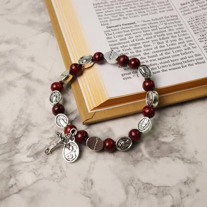 Needzo Our Lady of Guadalupe Rosary Bracelet, Red Wood Beads with Metal Crucifix, Catholic Jewelry, 7.5 Inches