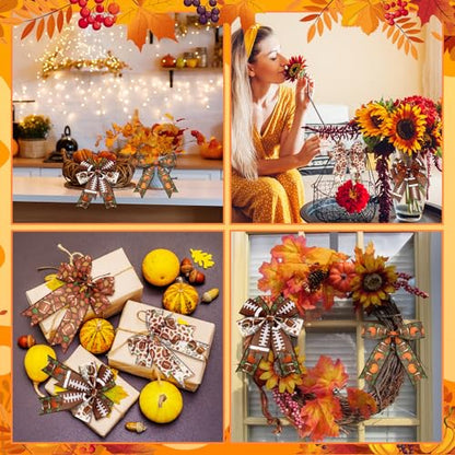 12 Rolls Fall Football Wired Edge Ribbon for Wreaths 2 Inch x 60 Yards Maple Leaves Pumpkin Football Print Ribbon Crafts for Thanksgiving Harvest Party Decorative Supplies, 12 Styles - style: Fall Football