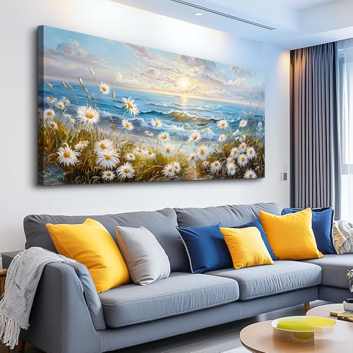 Coastal Landscape Wall Art, Abstract Daisy Wildflower Wall Pictures 30"X60" - color: Flowers Sea Painting, size: 60"L x 30"W