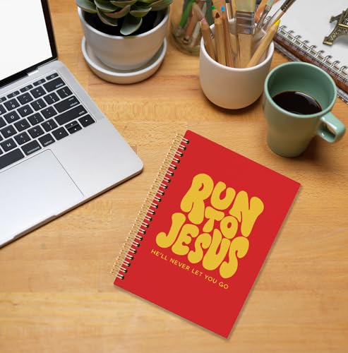 Yellow and Red Christian Spiral Notebook, Run to Jesus Bible Verse Journal, Religious Scripture Journals for Writing, Bible Notebooks for Note Taking, Church Notes Journal, 5.5x8.3 Inch - color: God-Yellow and Red