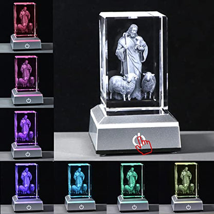 YWHL 3D Crystal Good Shepherd Statue with Colorful Base Laser Engraved Jesus Figurine for Religious Gifts for Women Men on Christmas, Christian Catholic Church Keepsakes - color: The Good Shepherd Jesus and the Lamb