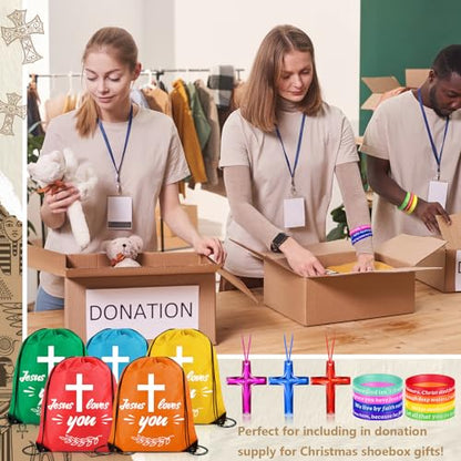 48 Pcs Bible Verse Party Favors Includes 16 Jesus Loves You Drawstring Backpack 16 Bible Verse Bracelets 16 Cross Necklaces for Christmas Shoebox Gift Easter Vacation Bible School