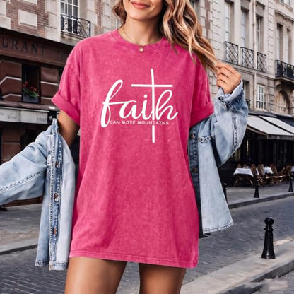Christian Shirts for Women Faith Can Move Mountains Acid Wash Graphic Shirt Jesus Religious Bible Verse Tee Tops - color: Pink, size: Medium