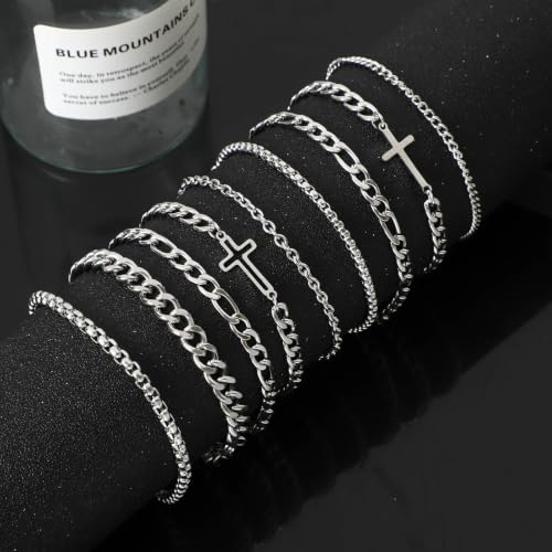 NEWITIN 37 Pieces Silver Jewelry Set for Men Stainless Steel Cross Jewelry - color: Silver