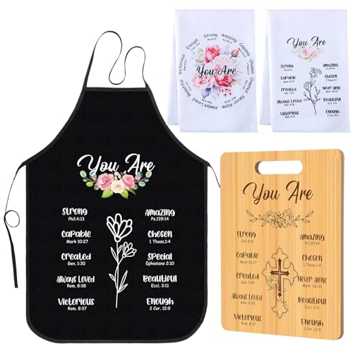 Newtay 4 Pcs Christian Gifts Set, Bible Verse Apron Towels Cutting Board