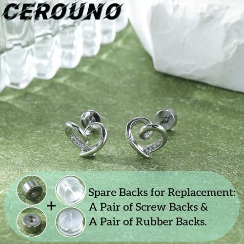 CEROUNO Flat Back Stud Earrings - 925 Sterling Silver Post Flatback Earrings Gold Silver Cubic Zirconia Earrings Studs for Women - color: Silver Heart