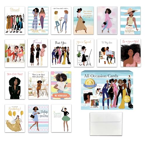 African American Greeting Cards Assortment Box – Set of 18 Cards with Envelopes – Black Birthday Cards, Encouragement, Friendship & Thank You Notes – Beautiful Black Women Designs - style: Assortment 800