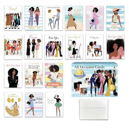 African American Greeting Cards Assortment Box – Set of 18 Cards with Envelopes – Black Birthday Cards, Encouragement, Friendship & Thank You Notes – Beautiful Black Women Designs - style: Assortment 800