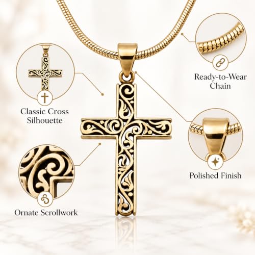 14K Gold Plated & Sterling Silver Filigree Celtic Cut Out Cross, Tree of Life Pendant For Womens, Chain Necklace 18 Inch - color: Gold Filigree Cross