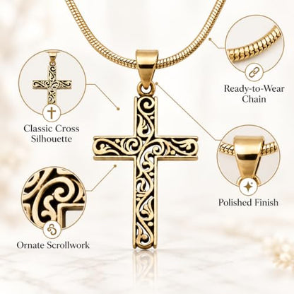 14K Gold Plated & Sterling Silver Filigree Celtic Cut Out Cross, Tree of Life Pendant For Womens, Chain Necklace 18 Inch - color: Gold Filigree Cross