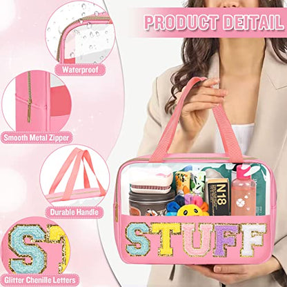 Preppy Clear Stuff Makeup Bags with Chenille Letter Patches, Travel Essentials Large Clear Make up Bag Zipper Pouch with Handle, Waterproof Nylon Cosmetic Toiletry Storage Tote for Women (STUFF-Pink) - color: STUFF-Pink