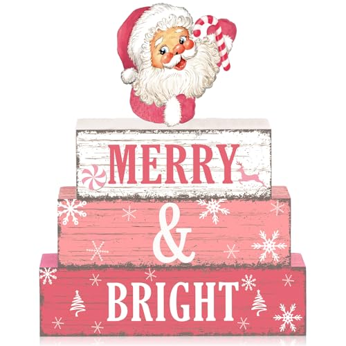 Geelin 4 Pcs Christmas Santa Wooden Table Decor Pink Winter Tiered Decor - style: Santa