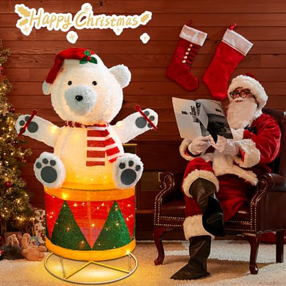 4 FT Lighted Christmas Drum Bear, Pre‑Lit Outdoor Yard Decor - size: 48''*31.5''