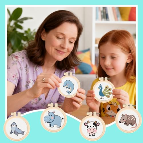 57lilina Easy Embroidery Kit for Kids Beginners, 6 Set Cute Stamped Pattern - color: Ant Eating Beast+Cow+Peacock+Dolphin+Manatee+Sea Lion