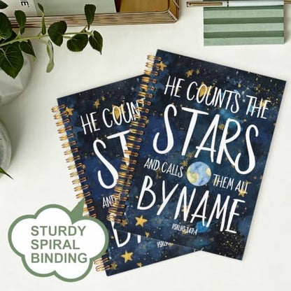 Stars Psalms147:4 Bible Notebook for Women Men, Christian Journal,He Countes The Stars Christian Church Notebook Hardcover Spiral Notebook, 5.5x8.3 Inch - color: white-Stars Psalms147:4 Bible