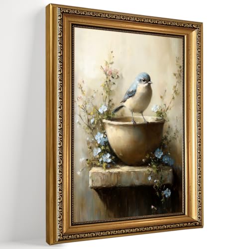 Vintage Gold Framed Wall Art Bluebird Wildflower Paintings Wall Decor Art - color: Bluebird, size: 16"L x 12"W