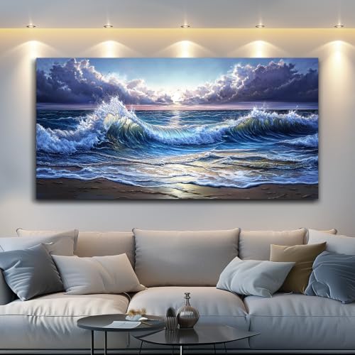 XIGUANGART Large Canvas Wall Art for Living Room Beach Wave Pictures Ocean Framed Wall Decor for Bedroom Farmhouse Paintings Coastal Landscape Art Prints Artwork for Bathroom Office Decoration 60"X30" - color: Blue Ocean Wave Painting, size: 60"L x 30"W
