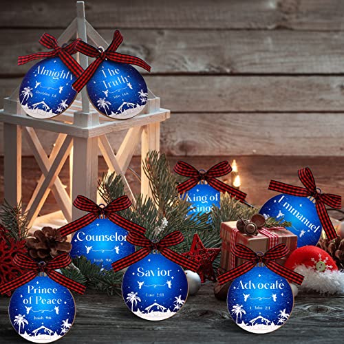 24 Pcs Names of Jesus Wooden Christmas Ornament, Blue and White, Round - color: Blue and White