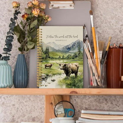 Christian Highland Cow Spiral Notebook, Farmhouse Cow Bible Journaling Notebooks, Rustic Country Mountain Farmhouse Hardcover Journals for Women 160 Pages 5.5x8.3 Inch, Christian Gifts for Women - color: Color22