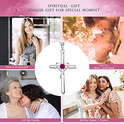 AmorAime 925 Sterling Silver Cross Necklace for Women Men 14K Gold Plated 5A CZ Birthstone Necklaces for Holiday - color: G.Dark Red-July-Ruby