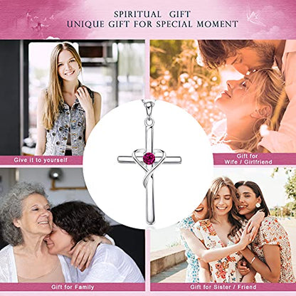 AmorAime 925 Sterling Silver Cross Necklace for Women Men 14K Gold Plated 5A CZ Birthstone Necklaces for Holiday - color: G.Dark Red-July-Ruby