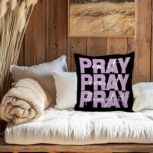 Black and Purple Christian Pray Decorative Throw Pillow Covers, Bible Verse Pillows Covers, Pray on It Over It Through It Pillow Cases Decor for Girly Prayer Room Dorm Couch Bedroom 18x18in - color: Black&purple