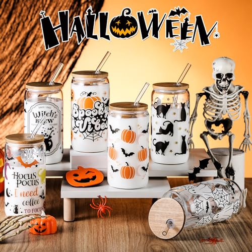 SiliFine 6 Pcs Halloween Glass Cups, 16 oz with Lids and Straws - style: Witch