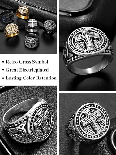 Christian Cross Rings for Men - Stainless Steel Jesus Jewelry with Celtic Knot Sides (Gold/Black/Silver) - Catholic Religious Gift, Size 7-13 - color: D-Silver-Jesus