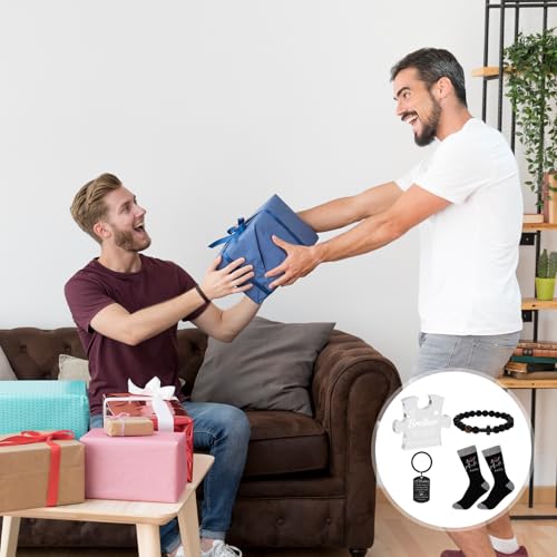 4Pcs Gifts for Brother from Sister Funny Brother Birthday Gifts Include Cross Bracelet Clear Acrylic Plaque Funny Socks Keychain Graduation Christian Birthday Christmas Gift for Men Son Nephew