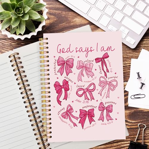 God Says I Am Christian Journaling Notebook, Coquette Pink Bow Bible Notebooks for Note Taking, Scripture Journals for Writing, Prayer Journal for Woman, Preppy Spiral Notebook 5.5x8.3 Inch - color: God Says