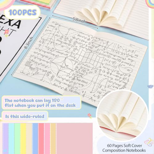 Handepo 100 Pack A5 Composition Notebooks 5"x8" Wide Ruled Notebook - color: Classic Macaron, size: A5