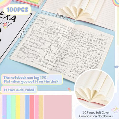 Handepo 100 Pack A5 Composition Notebooks 5"x8" Wide Ruled Notebook - color: Classic Macaron, size: A5