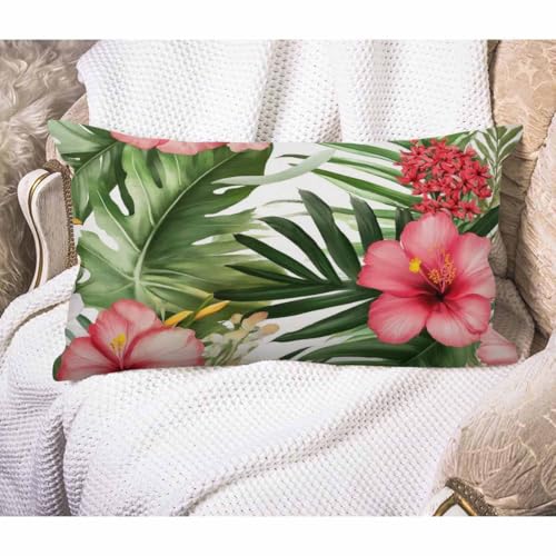 EKOBLA Watercolor Floral Decorative Square Throw Pillow Covers Hawaii Palm Tree Hibiscus Farmhouse Oblong Rectangle Cushion Cover Pillowcases Cotton Linen Cushion Cover 12x20 Inches - color: Multi-bs26