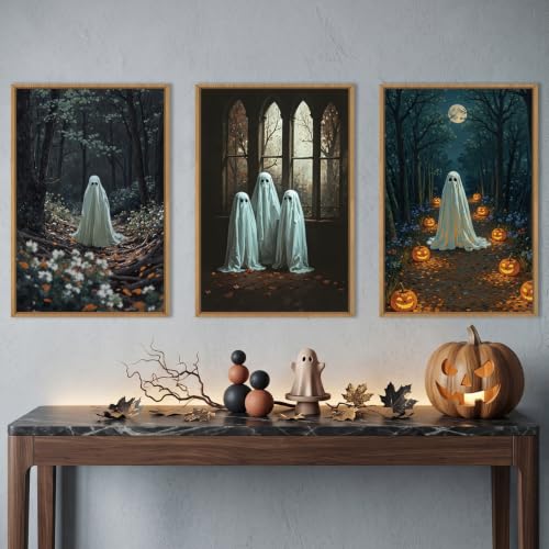Ausril Vintage Halloween Cute Ghost Framed Wall Art Set, Scary Forest Pumpkin Wall Decor, Horror Moon Night Wall Painting, Gothic Spooky Art Print for Living Room, Bedroom, Party, Basement -16''×24''×3 - color: Vintage Halloween Wall Art, size: 16"L x 24"