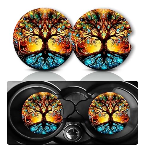 2Pcs Rainbow Tree Car Coasters,2.75" Neoprene Cars Cup Holder Coasters - color: Tree of Life