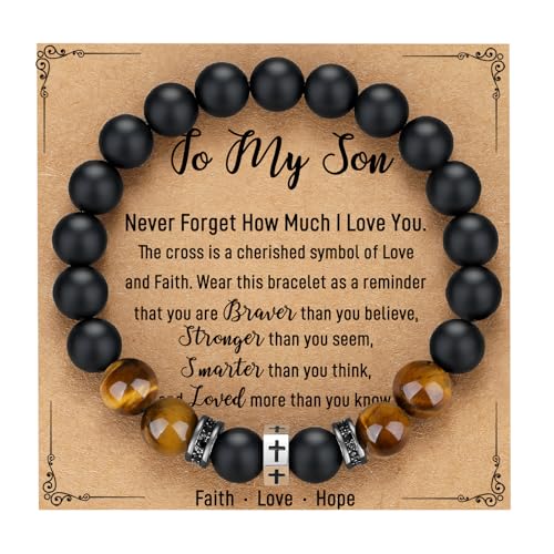 TONY & SANDY Christian Gift for Him Kids Teen Boys Adults Men Cross Bracelet Son Grandson Birthday Graduation Easter Religious Gifts for Men Christmas - style: Son ( 7.5 Inches )