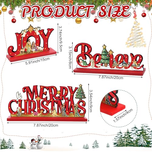 Cinnvoice 3 Pcs Christmas Table Decor Wooden Nativity Scene Sign, Red - color: Red