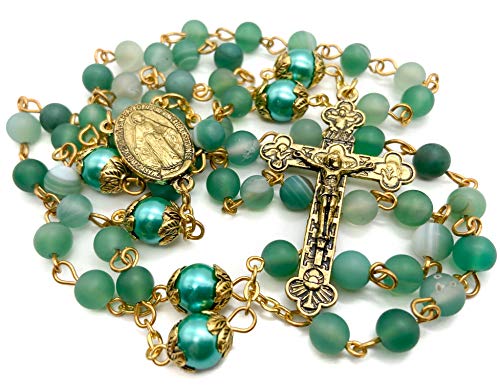 Nazareth Store Catholic Rosary Necklace Matte Stone Beads Green Pearl Round Beads Miraculous Medal & Cross - Velvet Bag - color: Green